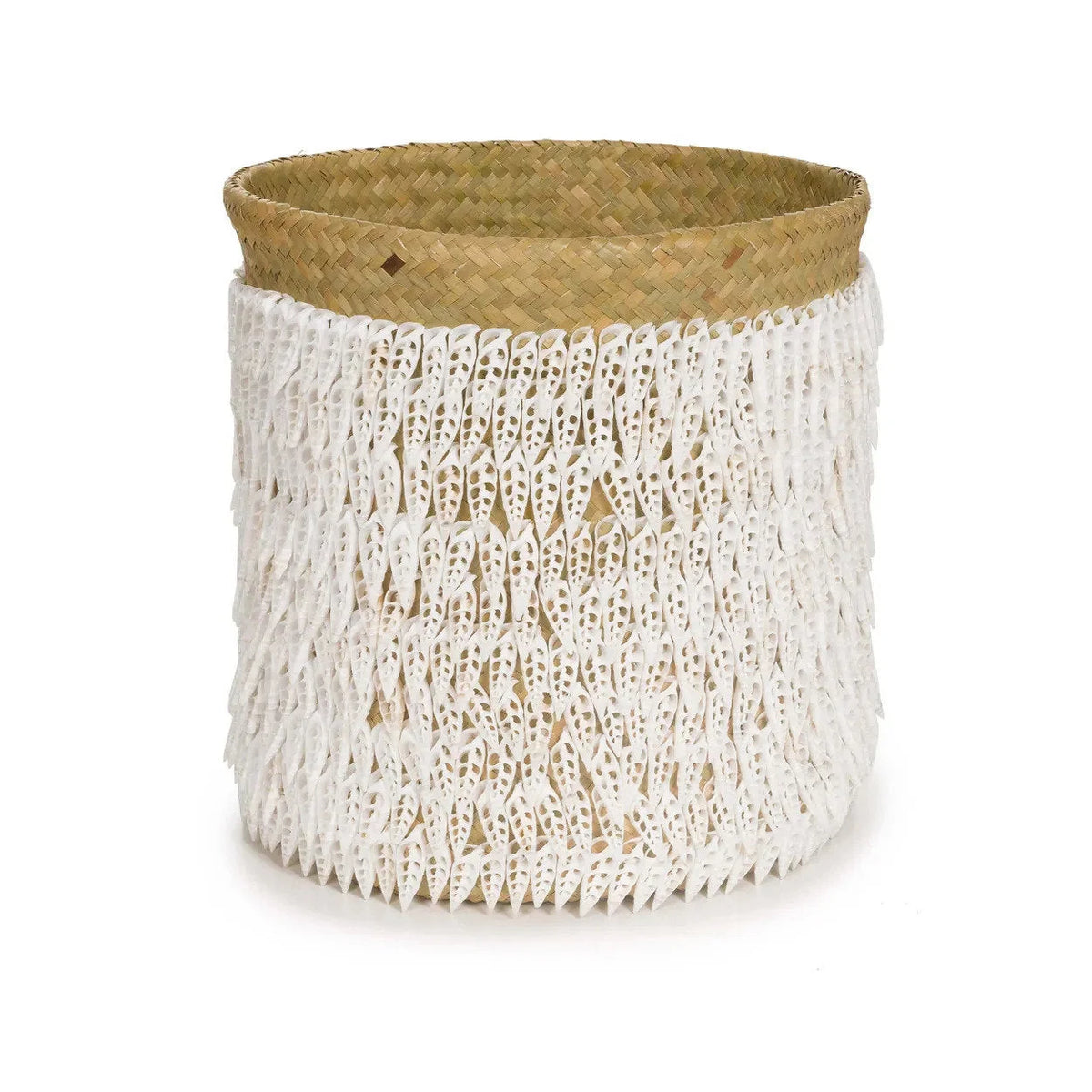 Panier de rangement en pandan et coquillages naturels blanc avec frange en coquille