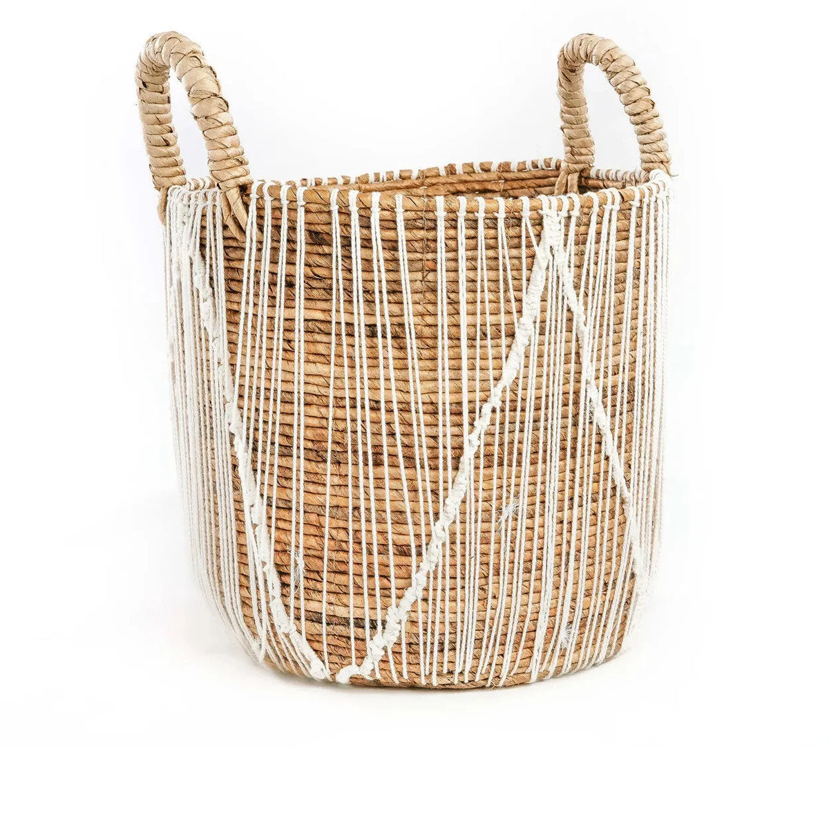 Panier en seagrass tressé naturel avec lacets blancs et anses – Ø40 cm