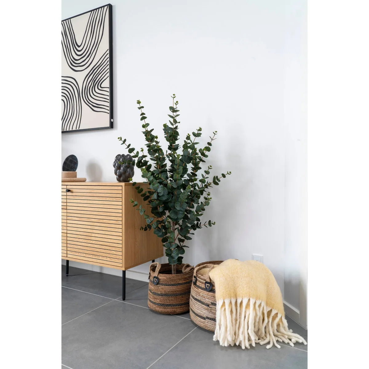 Panier en feuilles de bananier naturel Ø30 cm avec eucalyptus, lot de 2