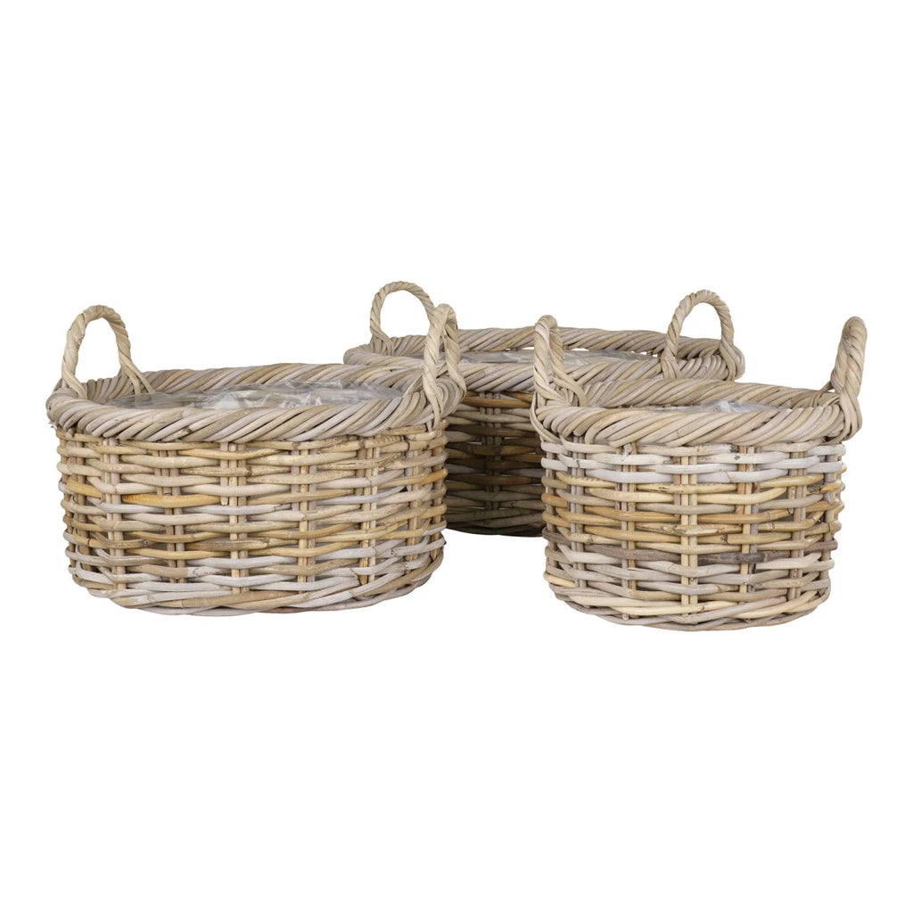 Set de 3 paniers ronds en rotin tressé gris avec anses