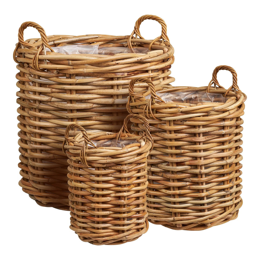 Lot de 3 paniers en rotin naturel avec anses torsadées et doublures plastiques