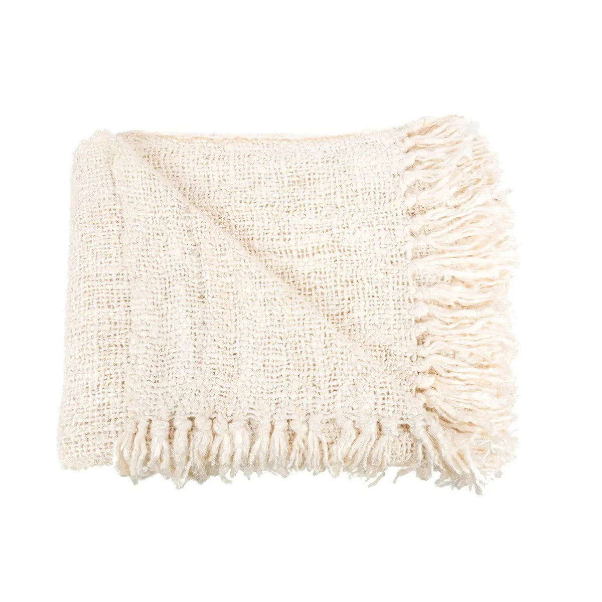 Plaid en coton gaufré crème avec franges décoratives, 170x130 cm