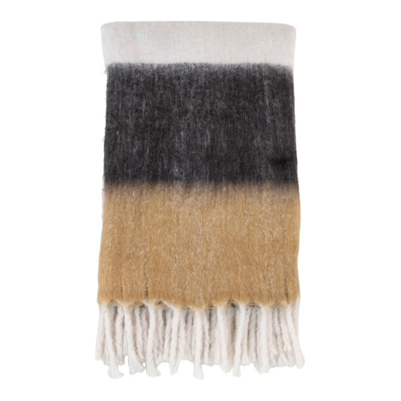 Flauschige Strickdecke mit Fransen in meliertem Camel und Anthrazit