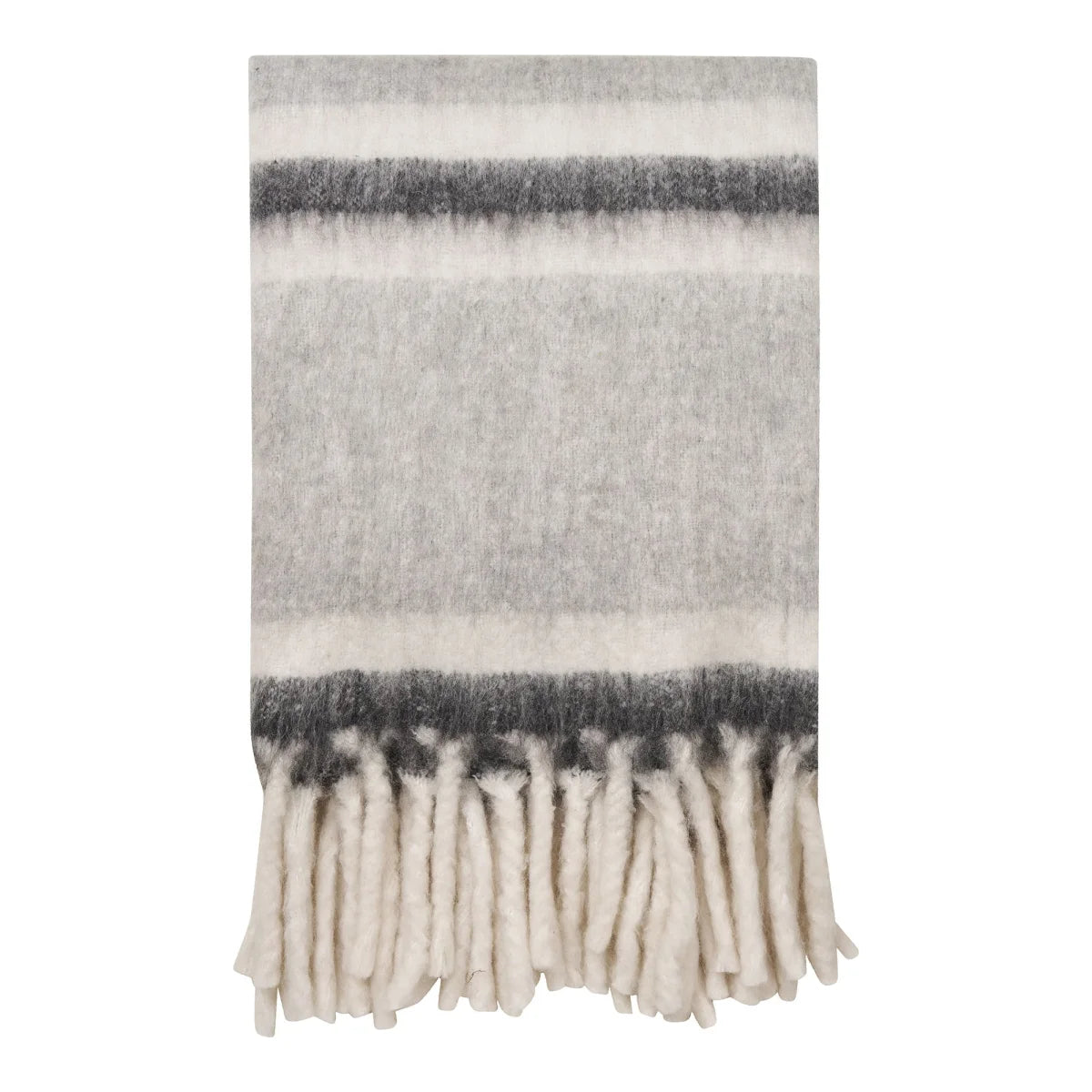 Écharpe rayée gris et blanc texturée douce avec franges duveteuses