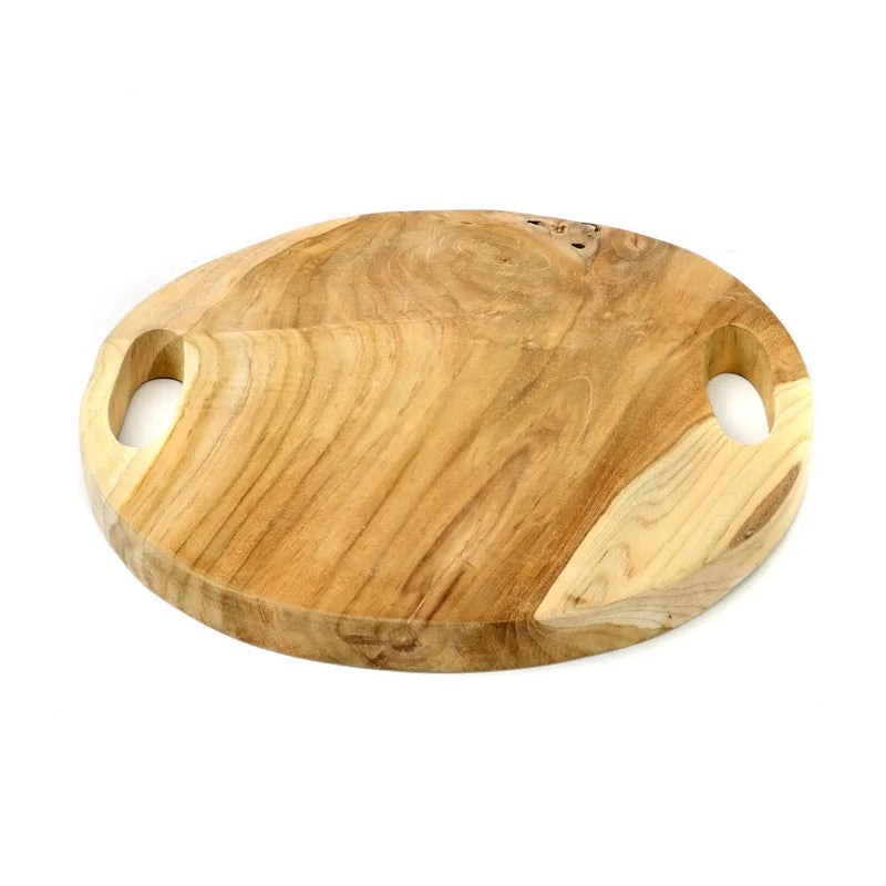 Plateau rond en racine de teck avec poignées bois clair – Ø35 cm
