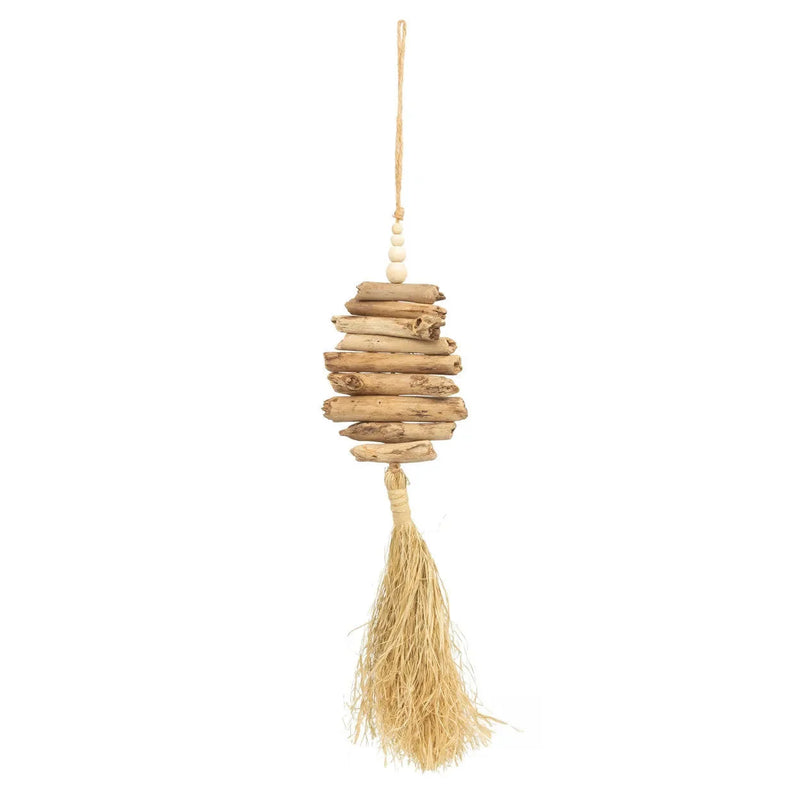 Pompon mural en bois flotté et raphia naturel forme sapin stylisé