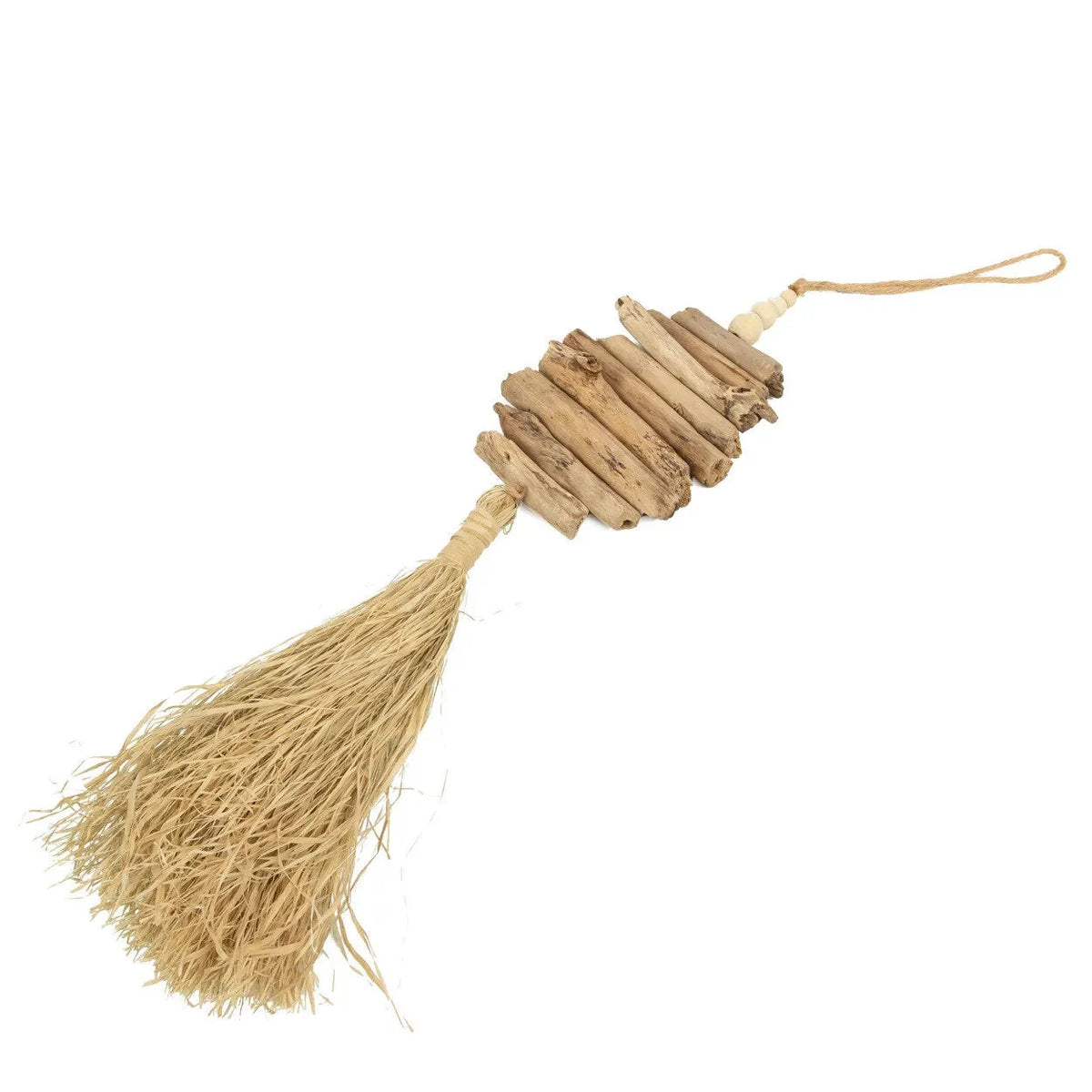 Ornement pompon mural en bois flotté beige naturel, franges jute et boucle ficelle