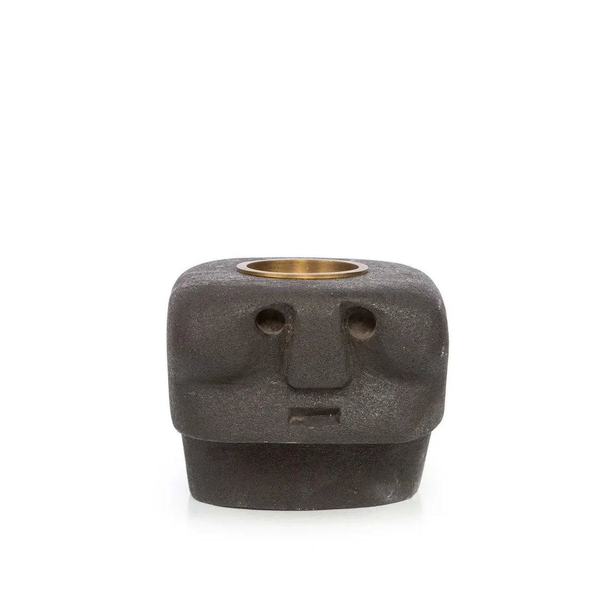 Porte-bougie en grès noir sculpté visage stylisé avec insert en laiton