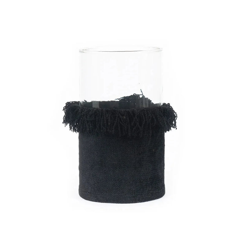 Porte-bougie en verre et velours noir avec franges