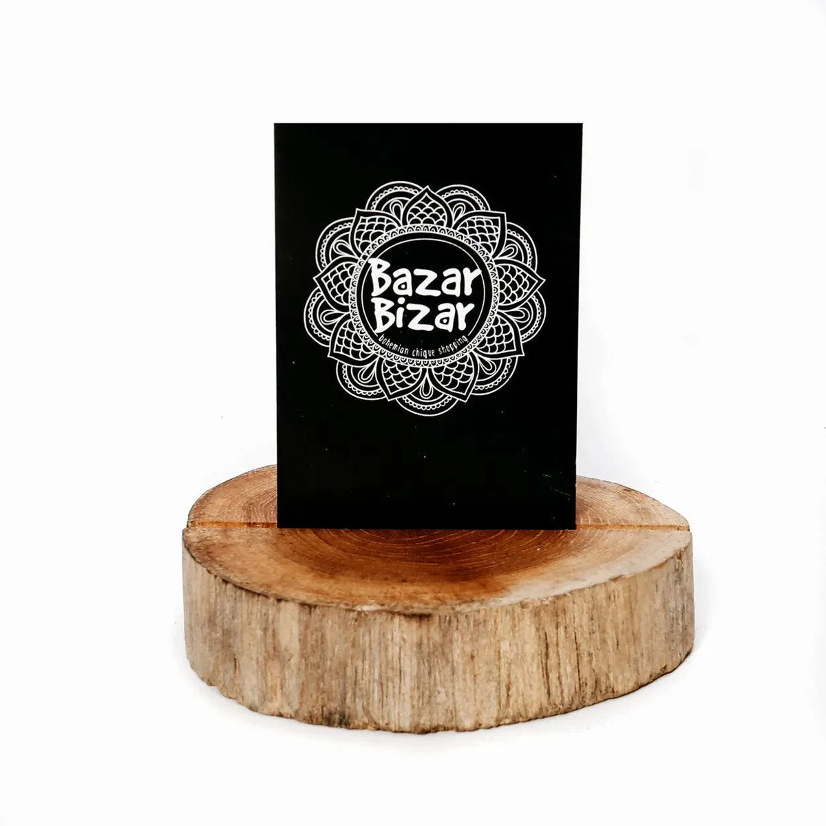 Porte-cartes décoratif en racine de teck avec panneau noir et motif mandala blanc