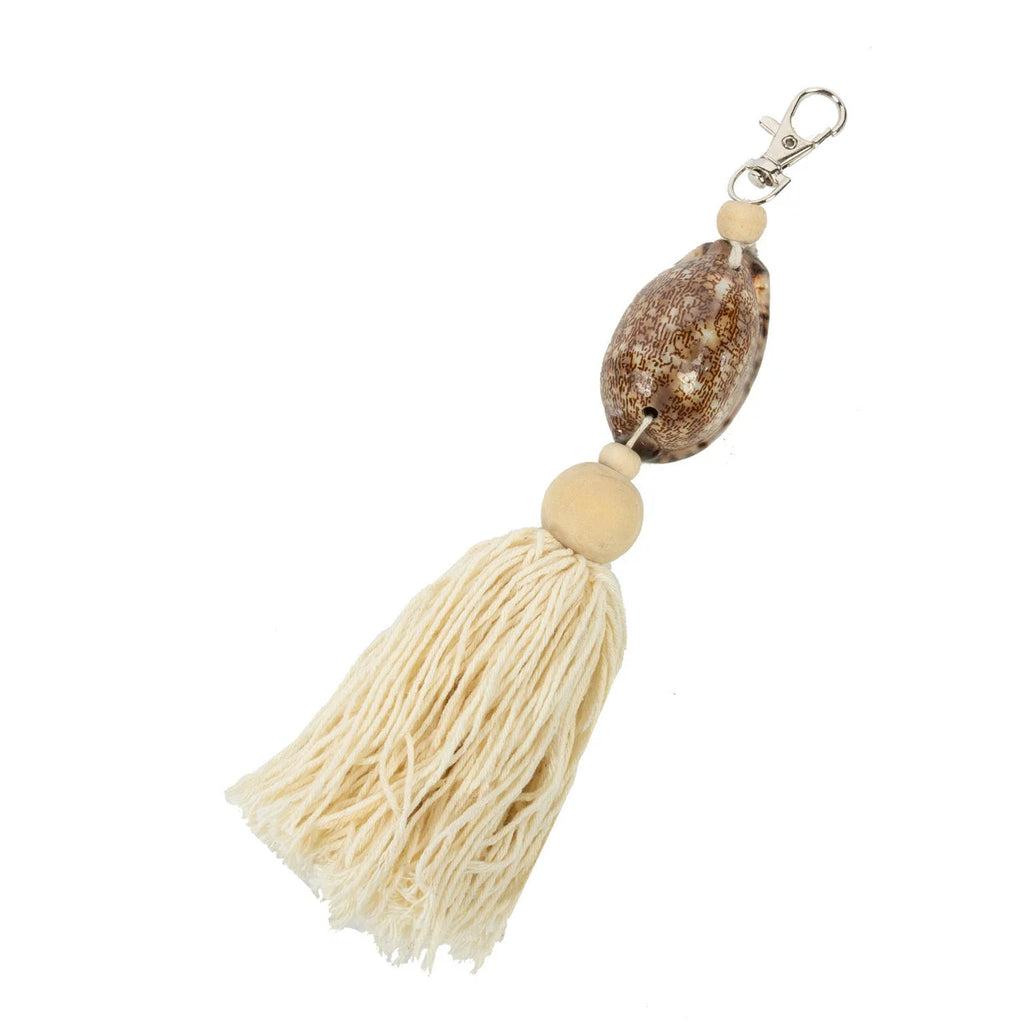 Porte-clés décoratif en bois, coton brun moucheté, pompon écru