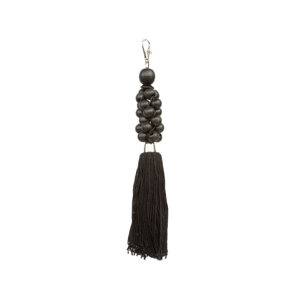Porte-clés pompon en perles de bois noir avec fermoir argenté