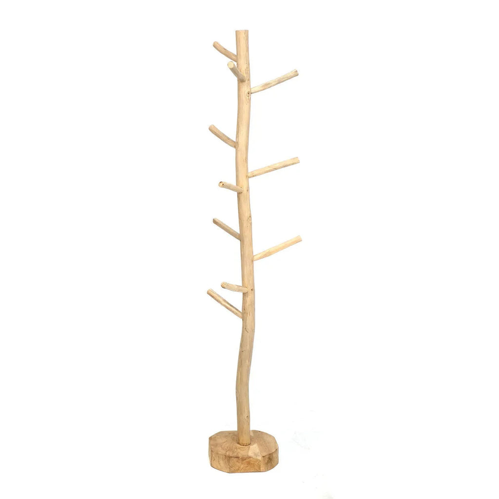 Porte-manteau arborescent en bois de teck naturel avec plusieurs branches sur base ronde