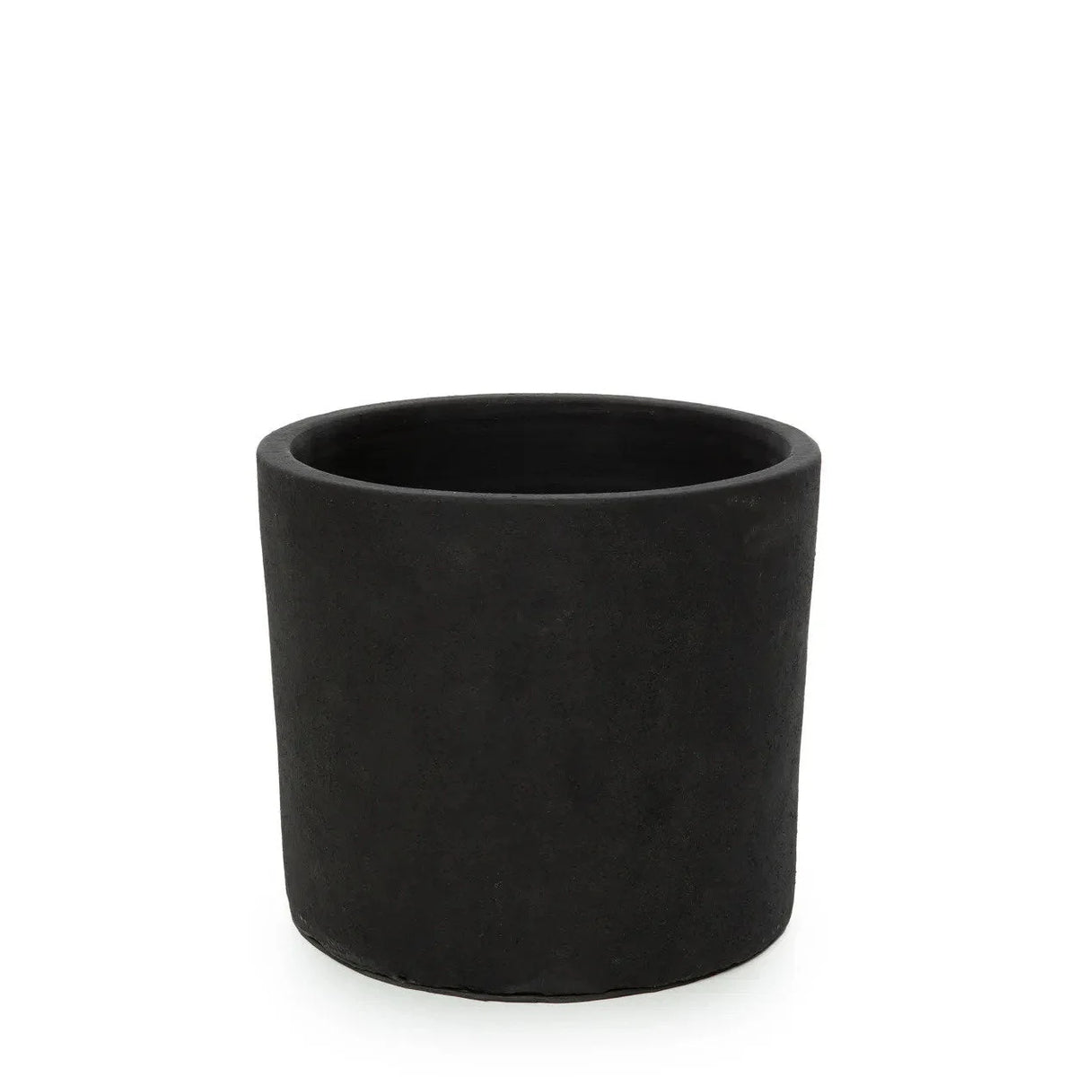 Pot en terre cuite noir sur socle bois teck H36 cm, cylindre en noir mat avec finition lisse