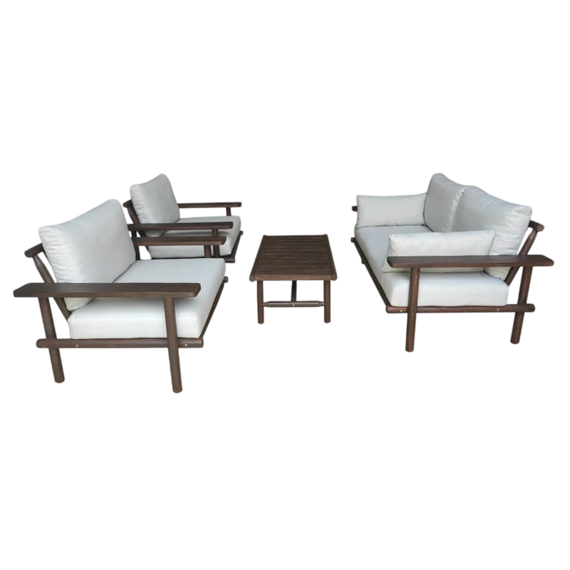 Salon de jardin bois foncé et coussins écru en acacia massif – Set de 4