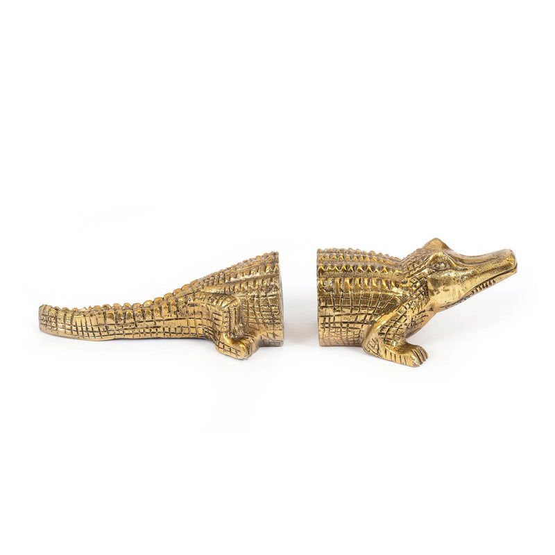 Serre-livres crocodile en laiton vieilli doré set décoratif animalier