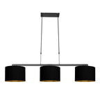 Suspension trois abat-jour tissu noir intérieur doré, luminaire linéaire élégant
