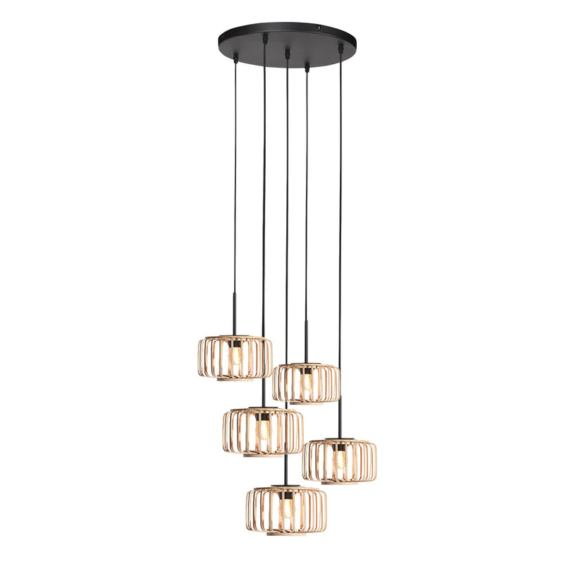 Suspension bambou cuivré cinq abat-jours cylindriques ajourés
