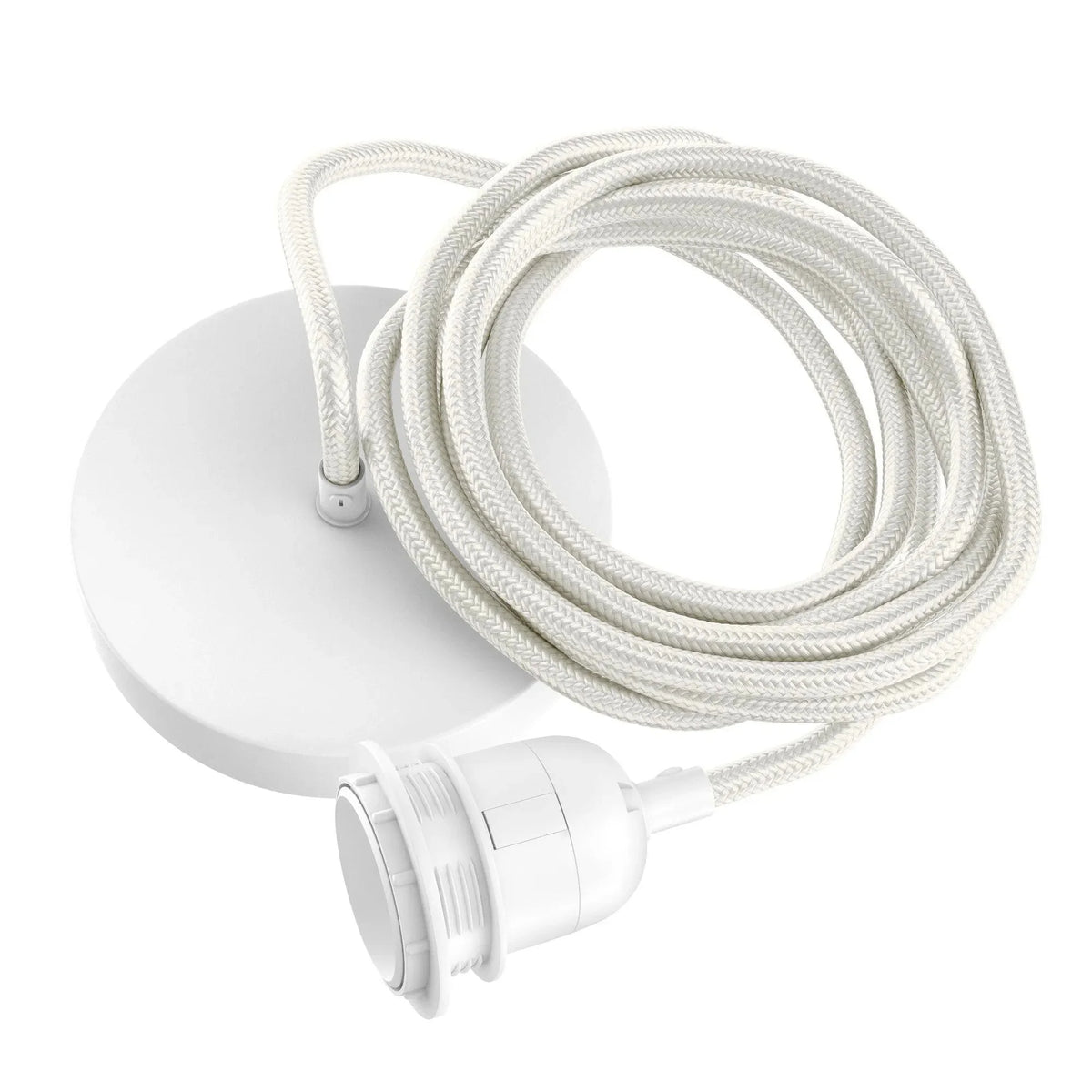 Pendentif blanc avec rosace de plafond en câble tressé et douille L250 cm