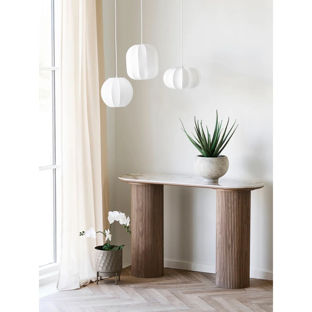 Table console moderne en bois, pieds cannelés, top marbre ovale lisse