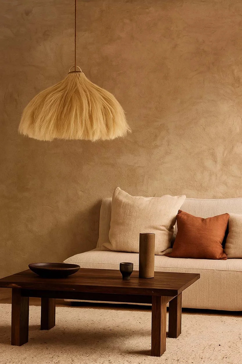 Suspension cloche en fibres naturelles frangées coloris paille Ø60 cm beige tissé texturé