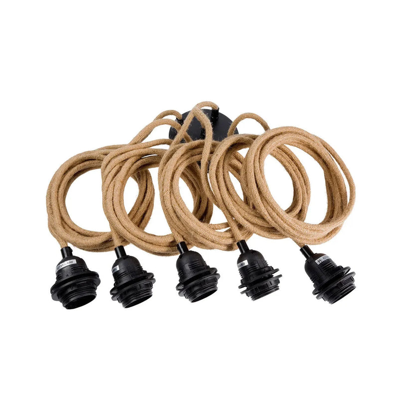 Suspension en corde de jute naturelle à 5 douilles noires – L350 cm