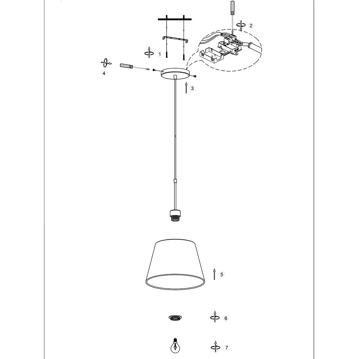 Diagram éclaté d’un luminaire suspendu en tissu blanc et métal brossé Ø50 cm