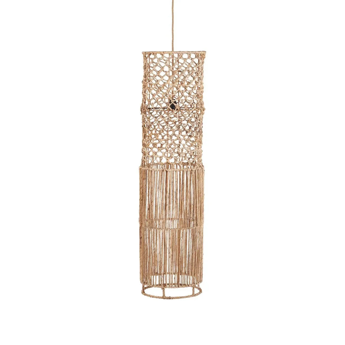Suspension cylindrique en feuille de bananier ajourée naturelle – H116 cm