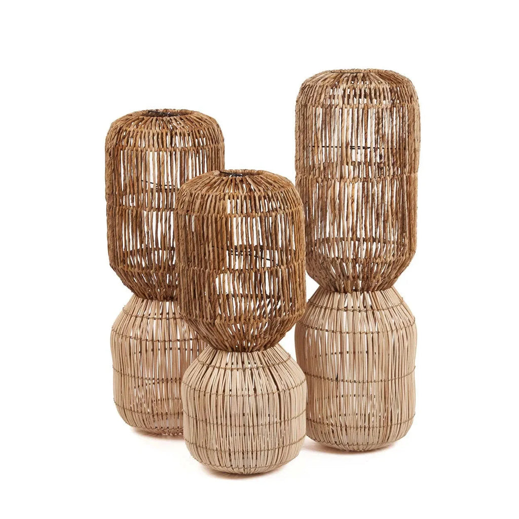 Suspension cylindrique en rotin tressé naturel à motifs contrastés – H60 cm