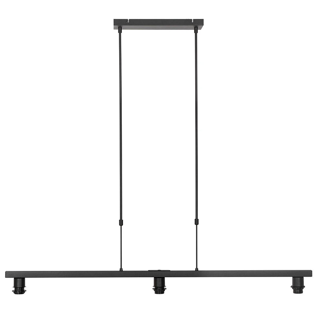 Suspension linéaire en métal noir avec trois abat-jours en tissu taupe 140x30 cm