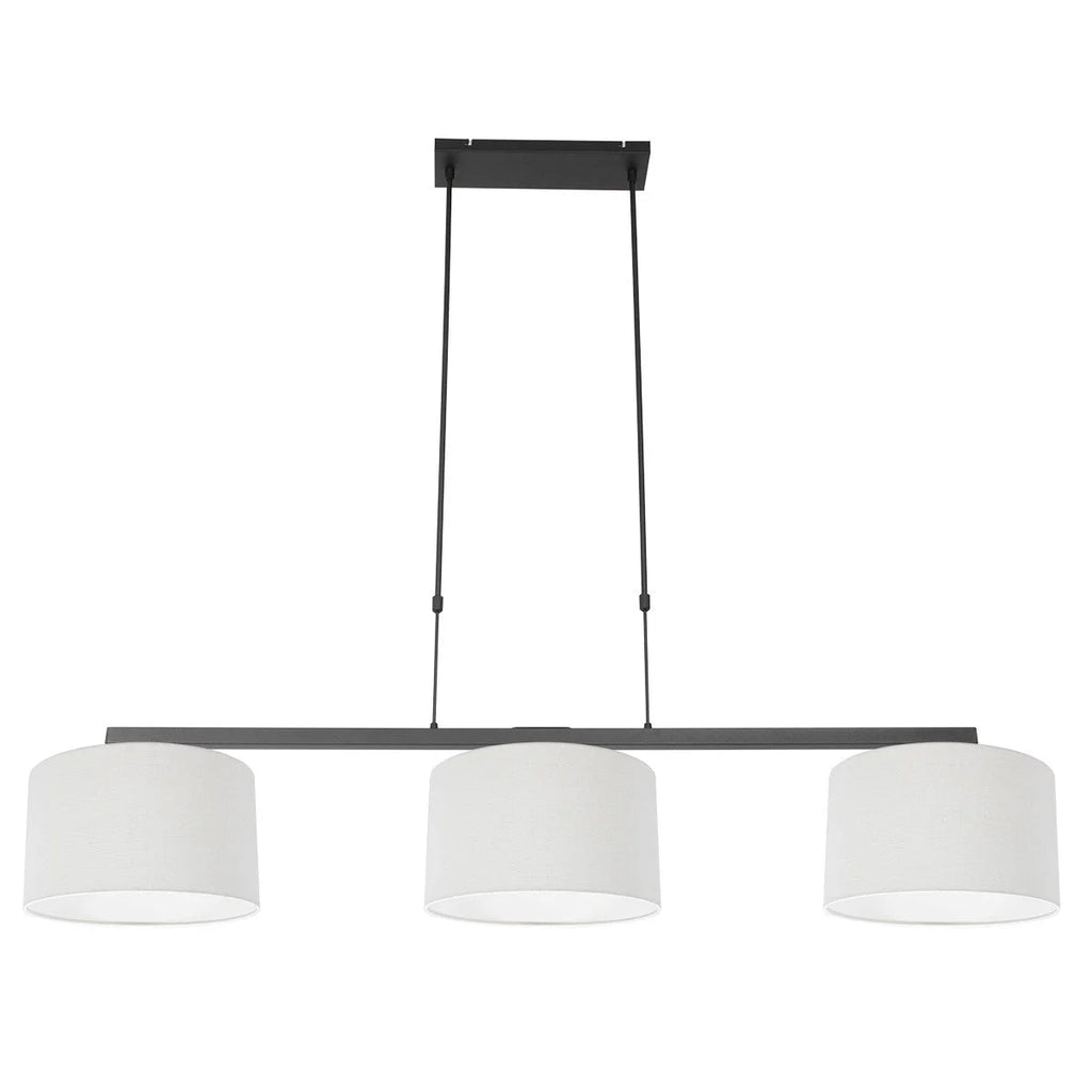 Suspension métal noir avec abat-jour en tissu blanc linéaire 3 lumières