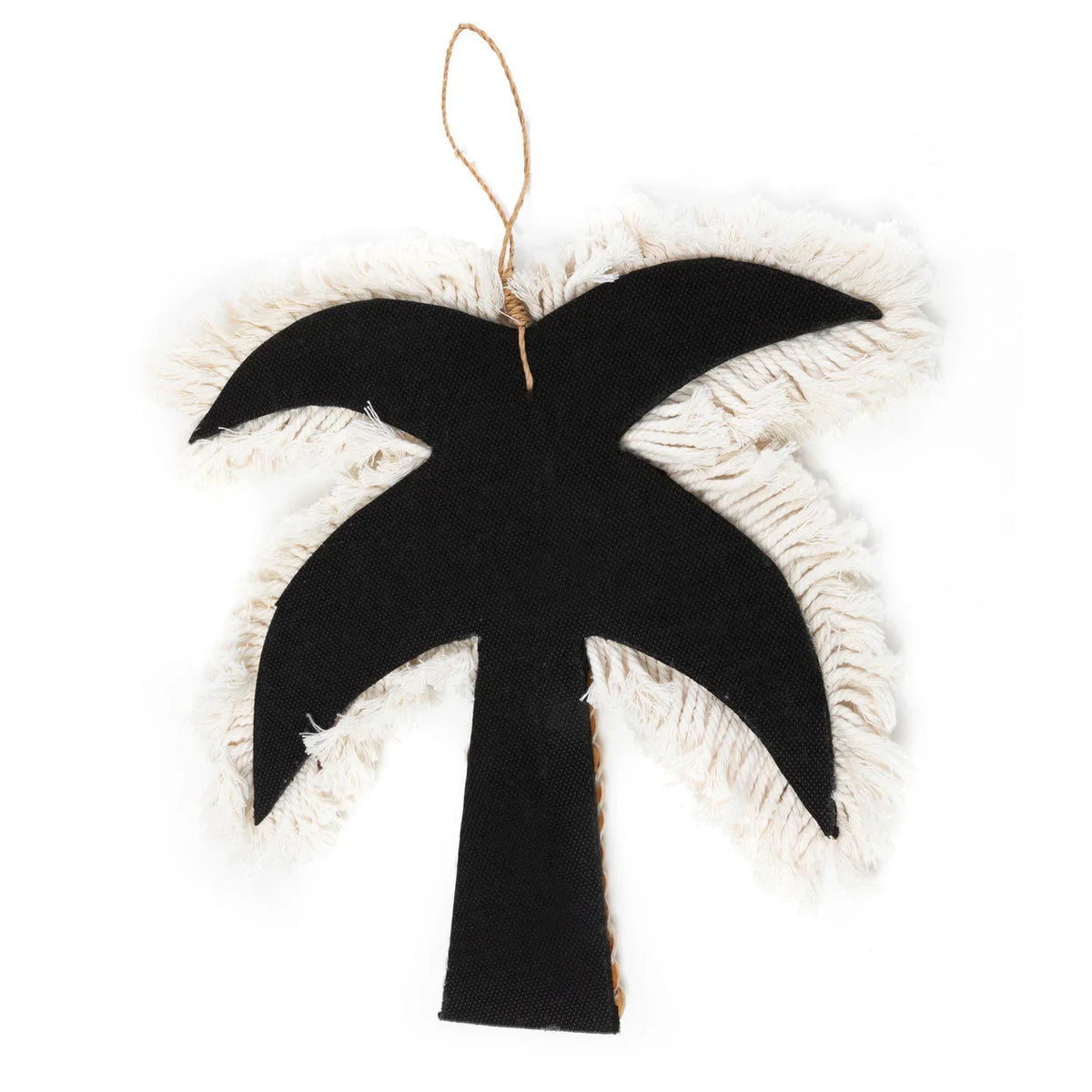 Ornement palmier en tissu noir avec franges blanches et ficelle naturelle