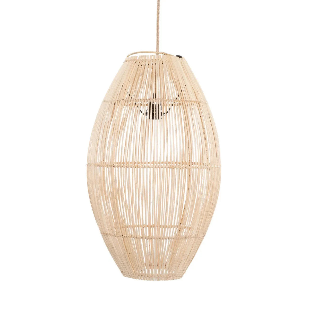Suspension ovale en rotin ajouré naturel avec luminaire en corde crème 35x60 cm