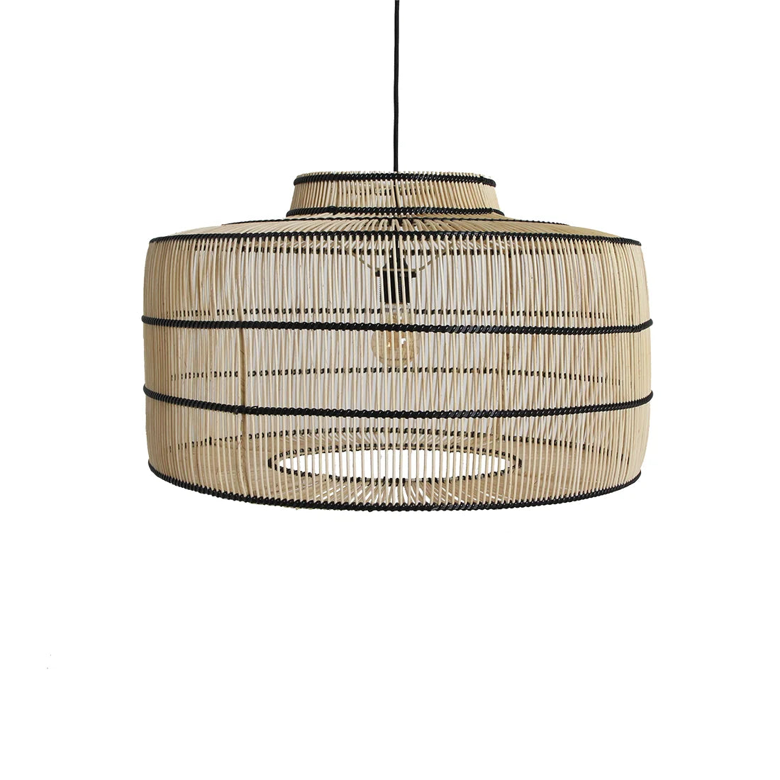 Suspension en rotin ajouré naturel et noir forme tambour Ø61 cm