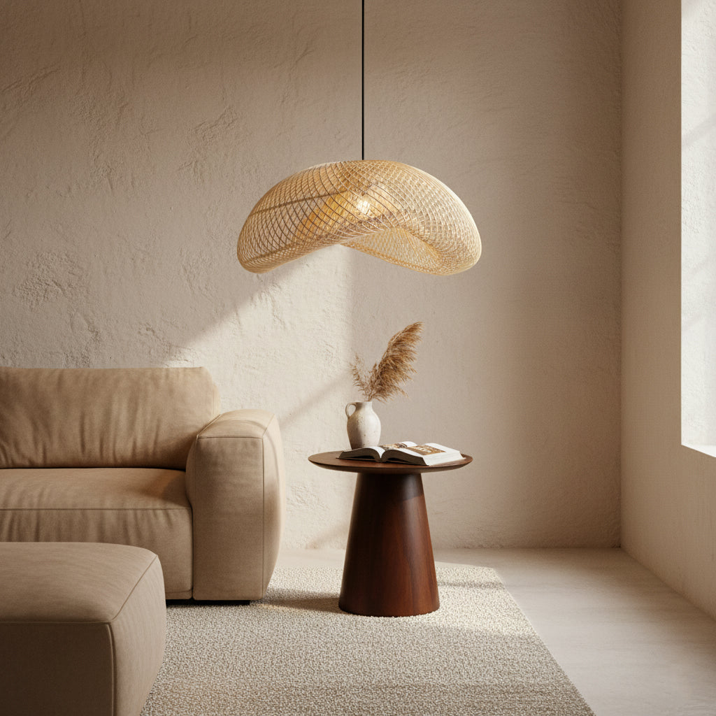 Suspension en rotin tressé beige forme organique Ø75 cm