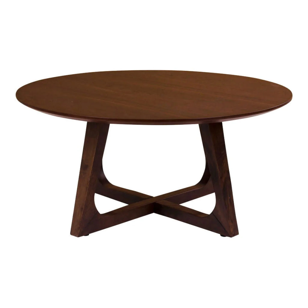 Table basse ronde en bois noyer brun, pieds triangulaires, Ø75 cm