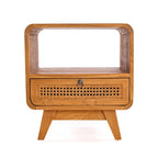 Table de chevet vintage en teck clair et rotin 50x50 cm