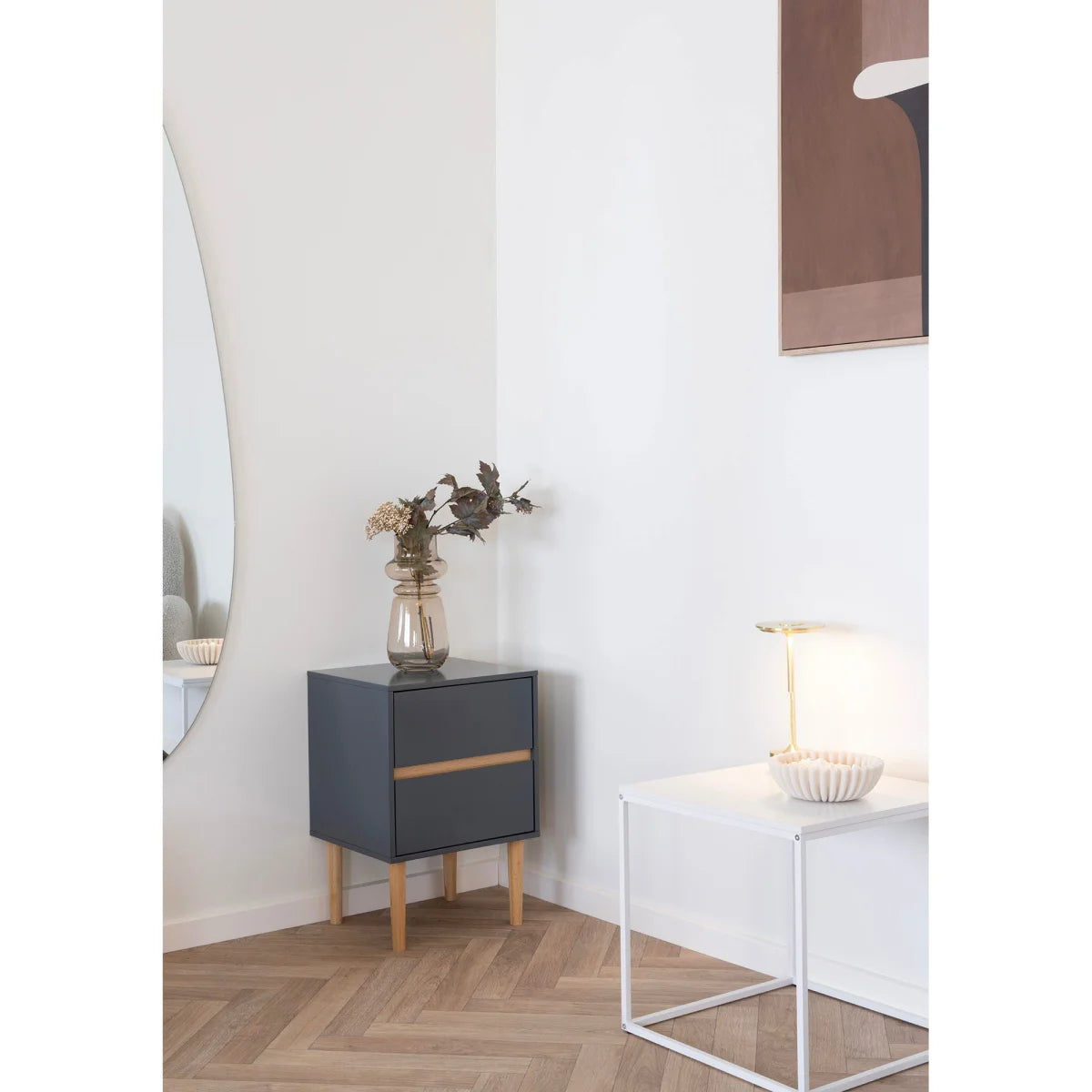 Table d’appoint en bois MDF gris foncé 2 tiroirs 40x35x55