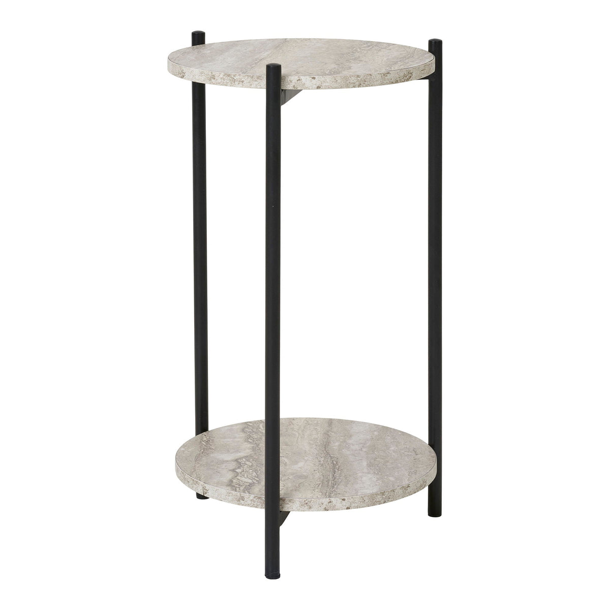 Table d’appoint moderne à deux étages en MDF effet travertin et acier noir