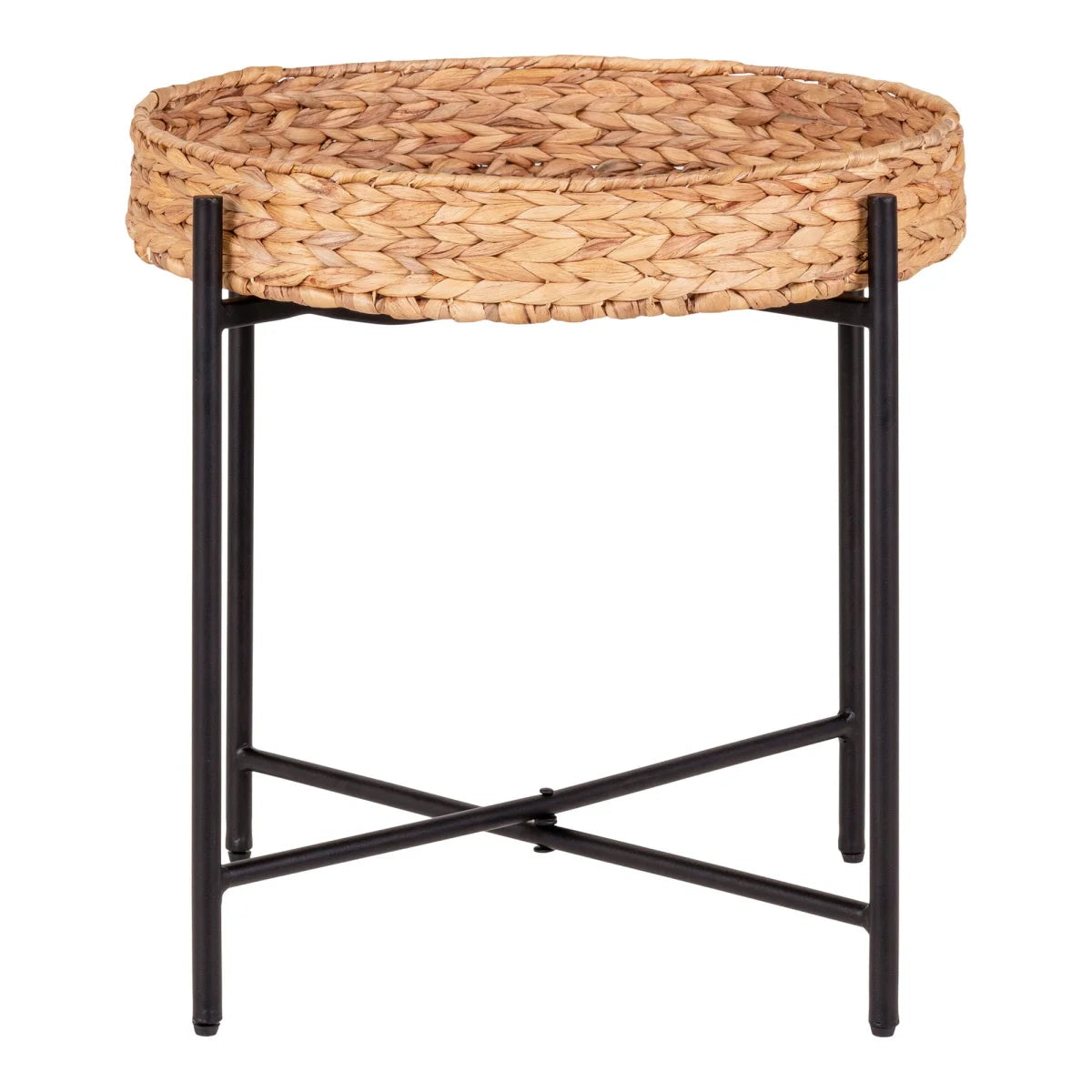 Plateau en osier naturel avec cadre en métal noir, table ronde en métal et jacinthe d’eau Ø50 cm