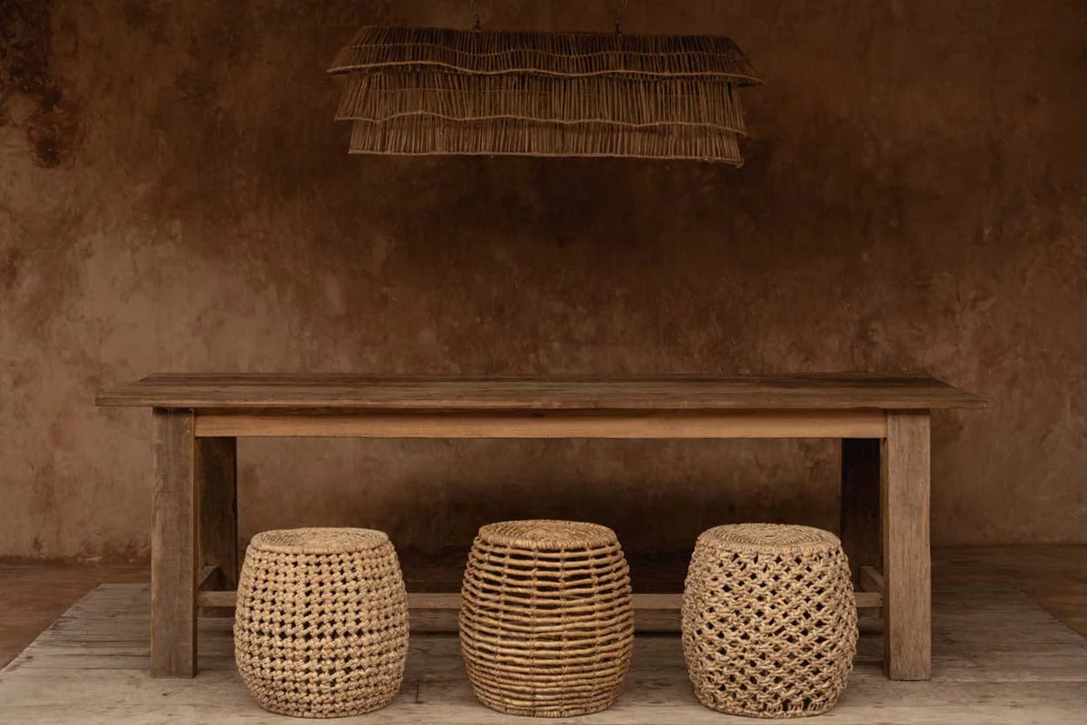 Tabouret en fibres naturelles tressées beige Ø48 cm à motifs texturés