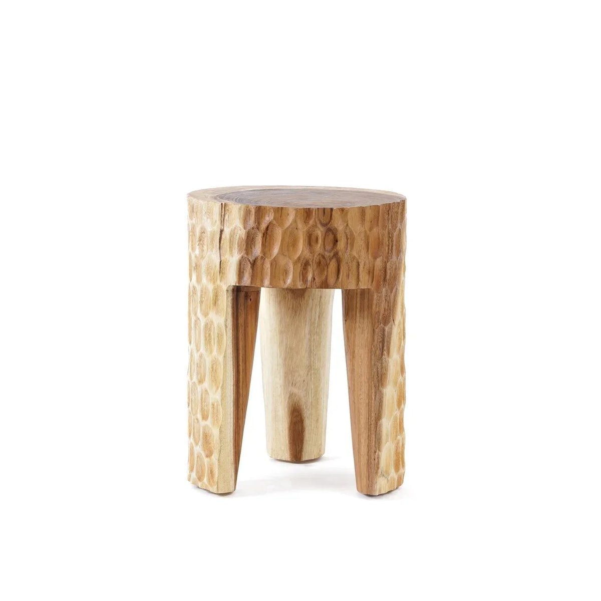 Tabouret rond en bois sculpté naturel suar avec pieds robustes – H45 cm