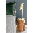 Lampe cylindrique dorée sur tabouret teck massif naturel Ø26x40 cm
