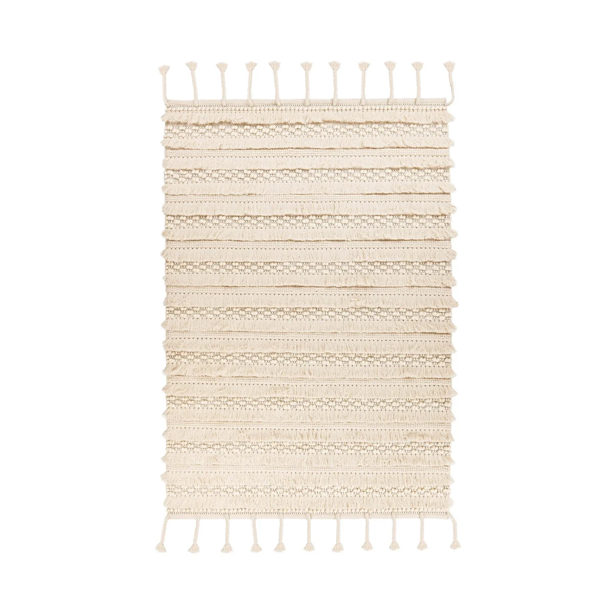 Tapis en laine écru à rayures texturées avec franges, rectangulaire et beige