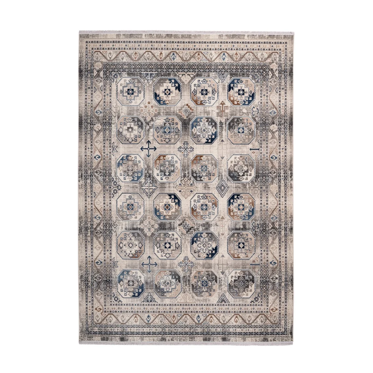 Tapis oriental à poil ras avec motifs géométriques et médaillons bleus et beiges