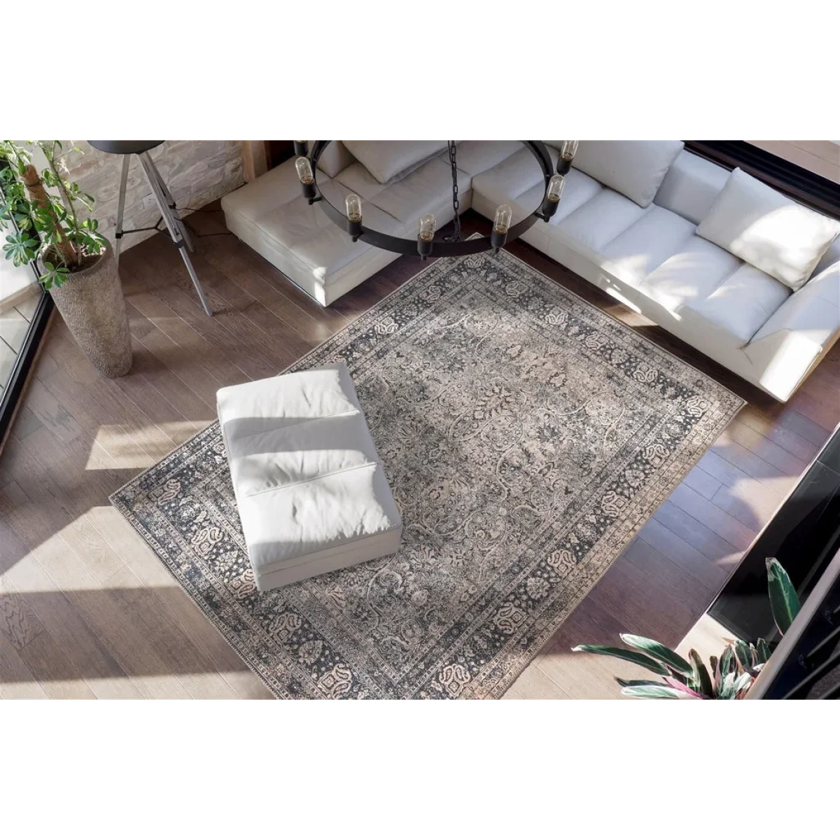 Tapis rectangulaire Faye 900 Multi / Schwarz 75cm x 150cm avec motif gris et beige
