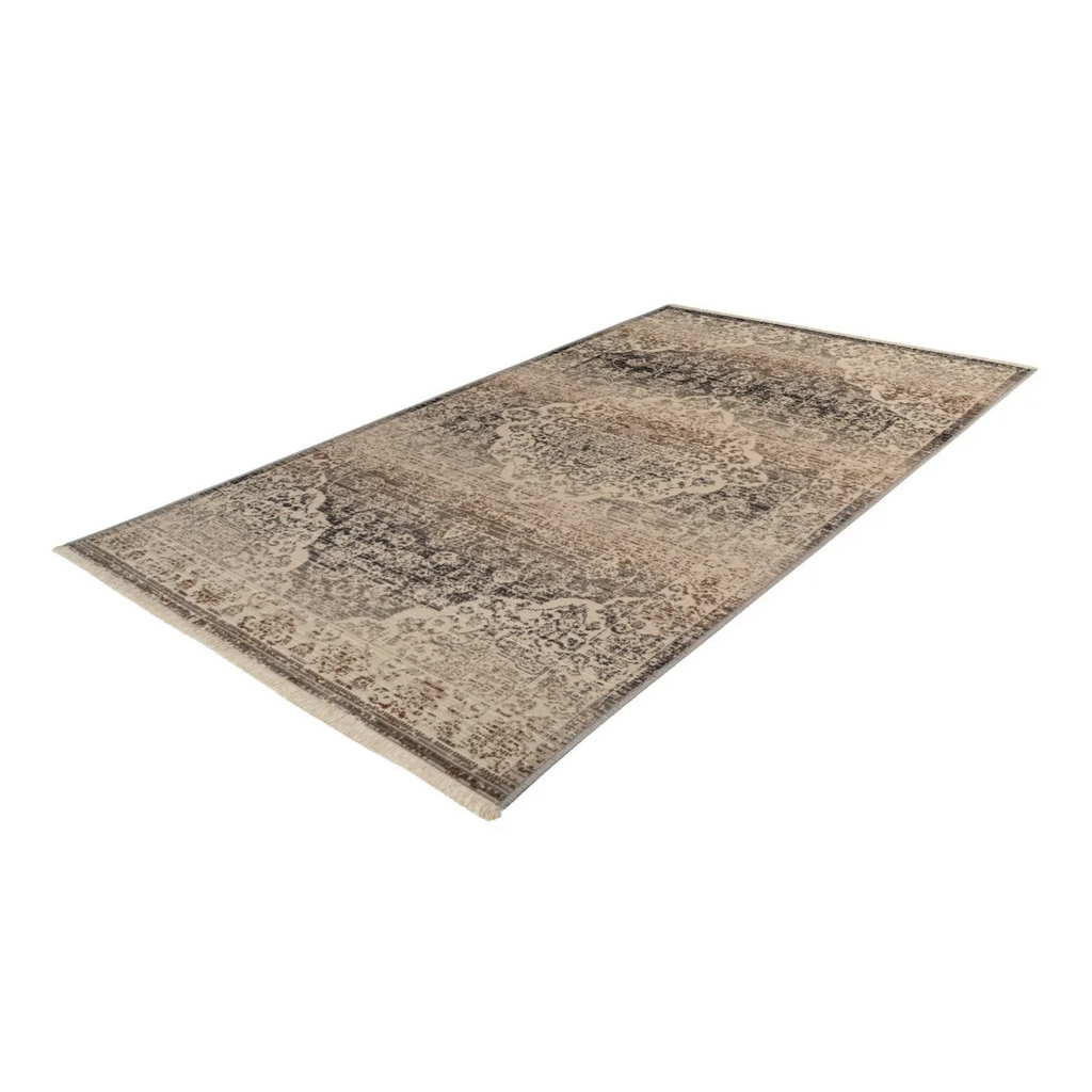 Tapis oriental beige à poils ras avec motif persan vieilli et design abstrait