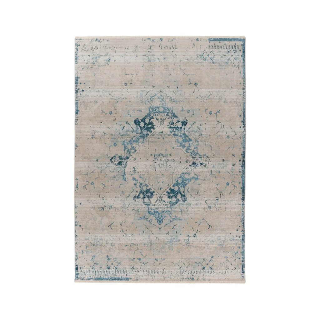 Tapis rectangulaire oriental bleu à effet vieilli avec motif central en tissu 120x170 cm
