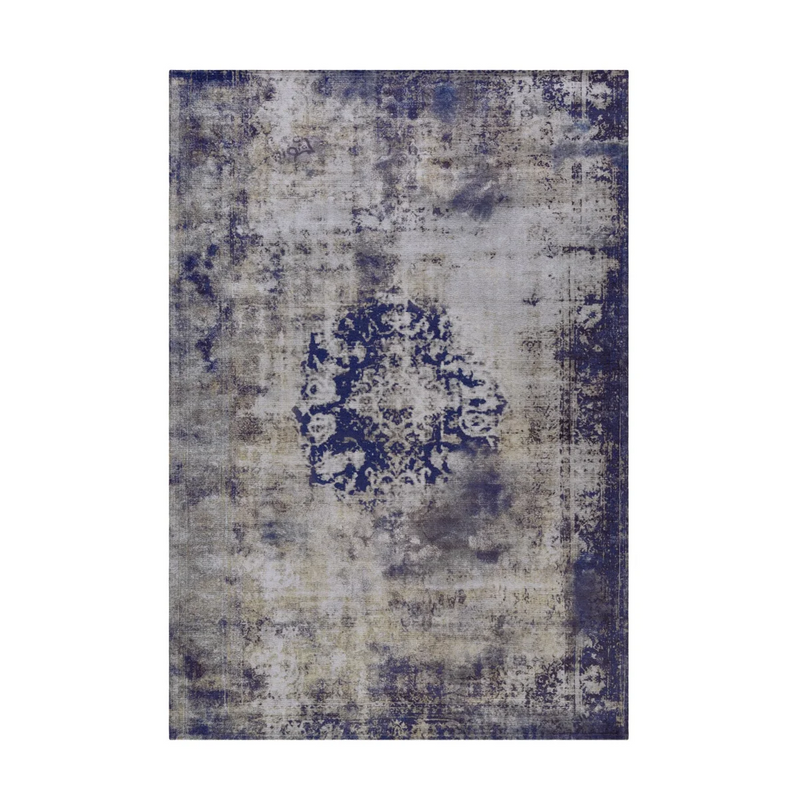 Tapis vintage rectangulaire à médaillon bleu et fond patiné