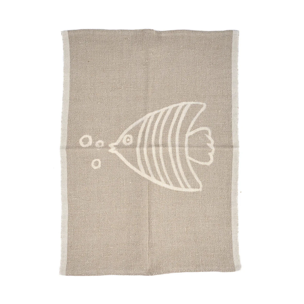 Torchon en lin naturel beige motif poisson blanc à rayures et bulles